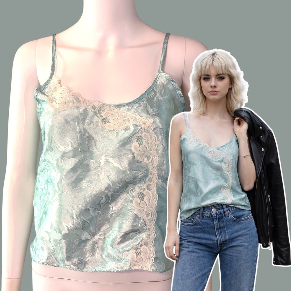 Vtg 90s Ice Blue Crop Camisole Size Small Pastel Jaquard Satin Coquette PinUp